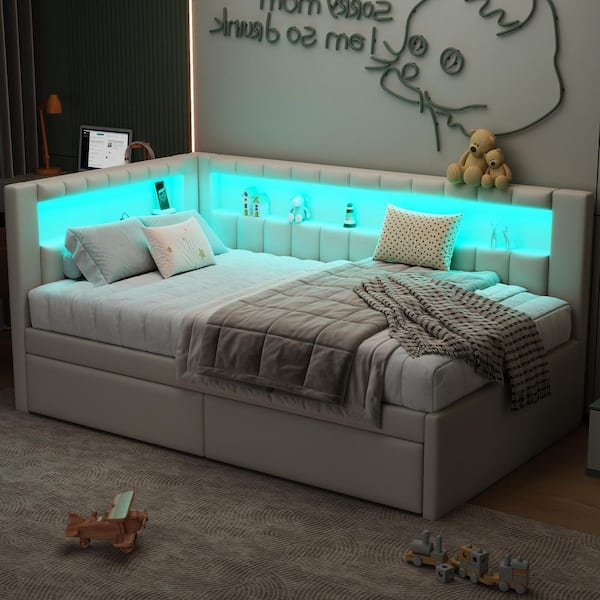 White Twin Size Wood Frame Linen Upholstered Daybed with 2 Drawers, USB Ports, 7-colors LED Light