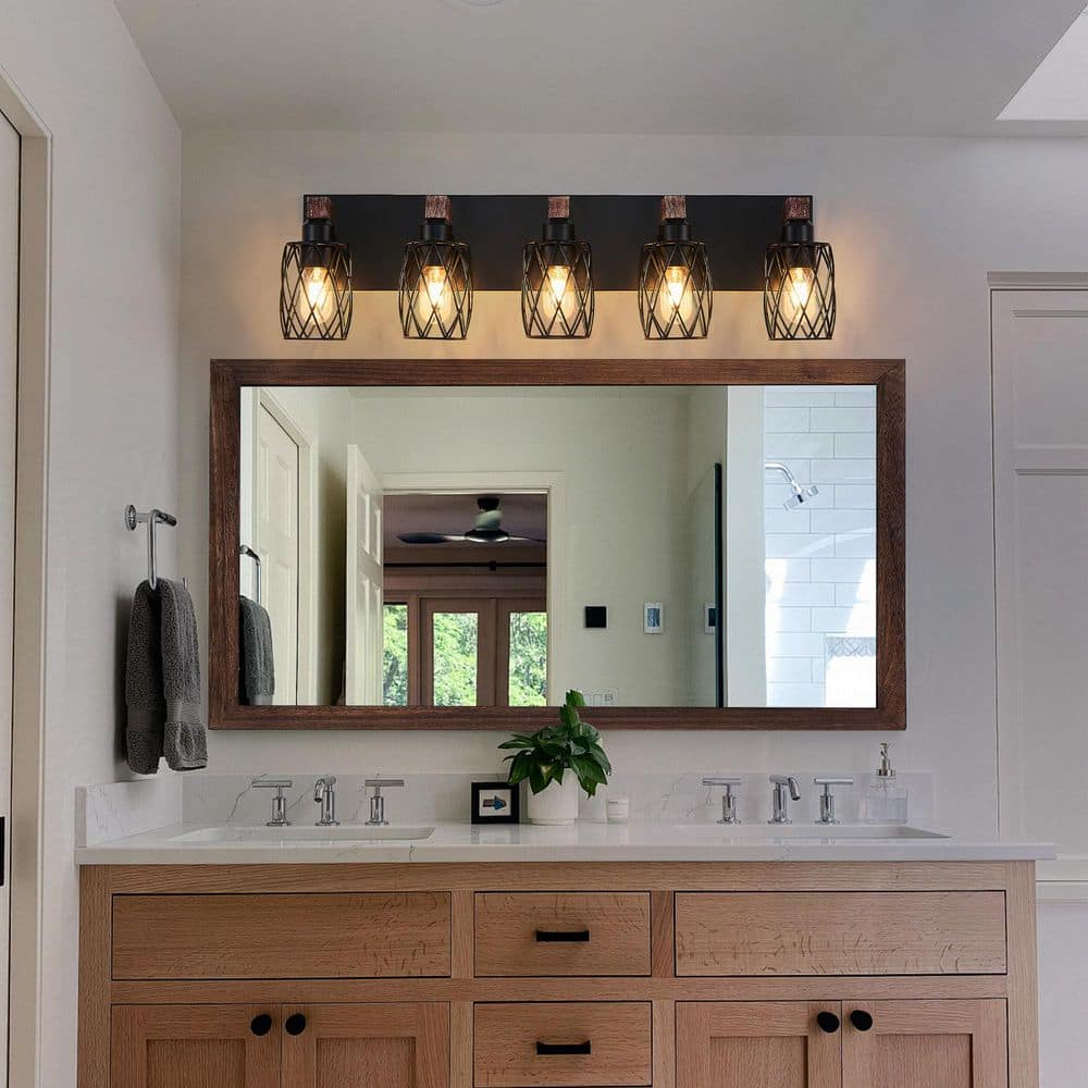 5.7 in. 5 Light Walnut Vanity Light Industrial Vintage Wall Sconce-Black Cage Wall Lighting Fixture with Wooden Accents price history on PriceWatchPro