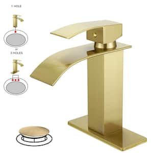 Waterfall Single Handle Single Hole Modern Bathroom Faucet With Metal Drain Drip-Free Vanity Sink Faucet in Brushed Gold