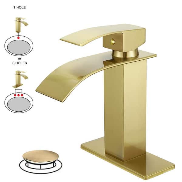 BWE Waterfall Single Handle Single Hole Modern Bathroom Faucet With Metal Drain Drip-Free Vanity Sink Faucet in Brushed Gold