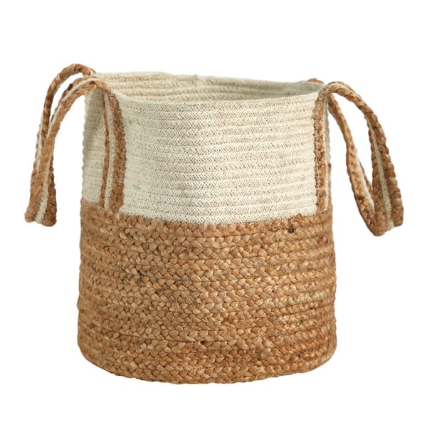Nearly Natural 14 in. Beige Jute and Natural Cotton Boho Chic Basket Planter with Handles