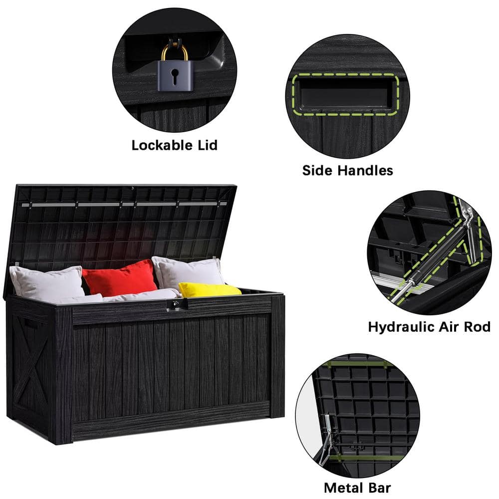 Large Black Resin Lockable Deck Box with Wood Texture
