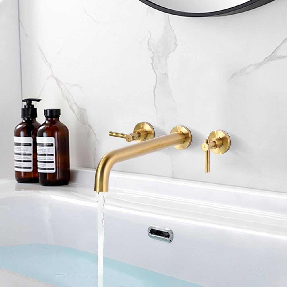 Brushed Gold Wall Mount Tub Filler Faucet with Lever Handles
