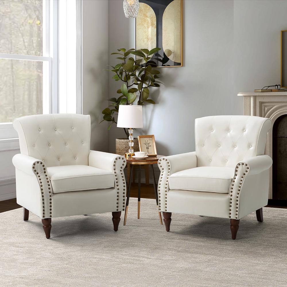 Ivory Faux Leather Accent Chair with Nailhead Trim and Wood Legs