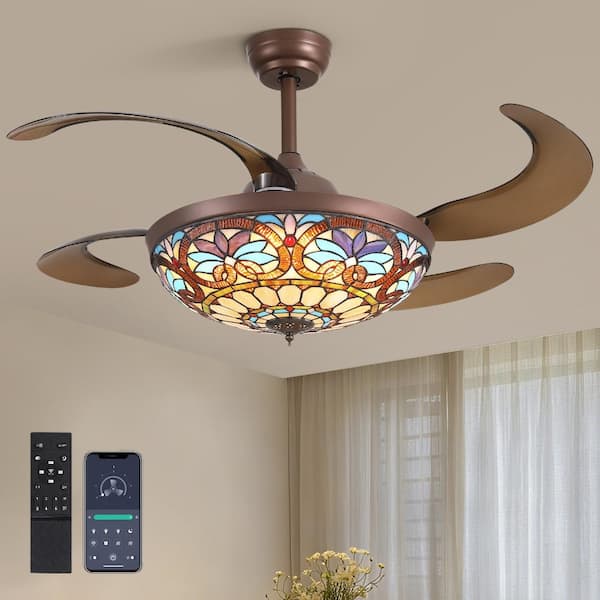 48 in. Indoor Tiffany Stained Glass Brown Chandelier Retractable Ceiling Fan with Dimmable LED and Remote/APP Control