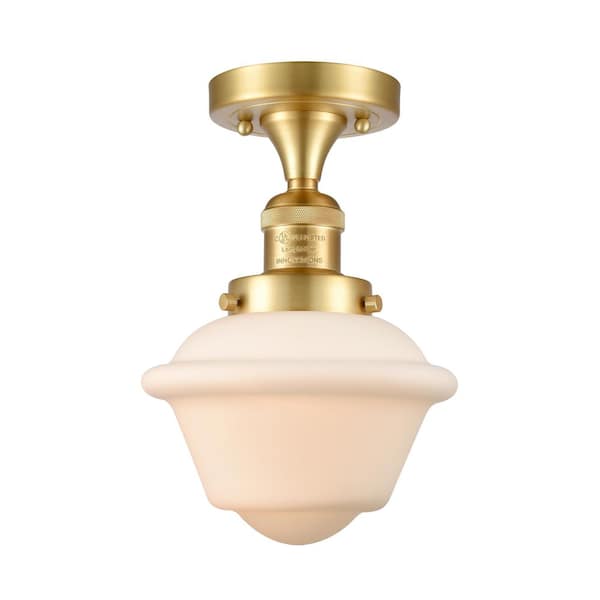 Oxford 7.5 in. 1-Light Satin Gold Traditional Semi-Flush Mount with Frosted Glass Shade