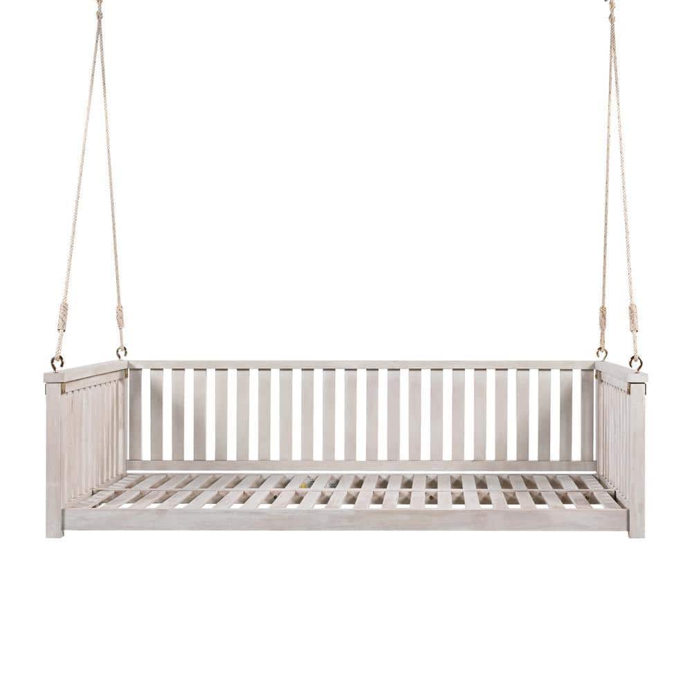 79.1in. W 2 Person White Acacia Wood Porch Swing with Ropes
