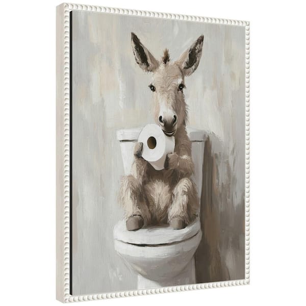 Sylvie "Cute Donkey Bathroom Art" by The Creative Bunch Studio Beaded White Framed Art Print 18 in. x 24 in.