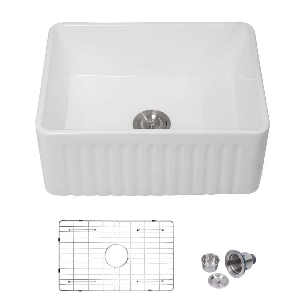 24 in. Undermount Single Bowl Porcelain Round Corner Kitchen Sink in White Ceramic with Strainer and Bottom Grid price history on PriceWatchPro