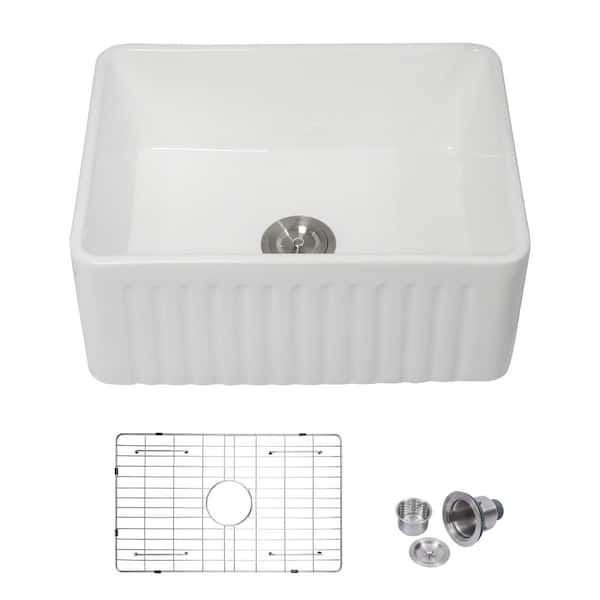 24 in. Undermount Single Bowl Porcelain Round Corner Kitchen Sink in White Ceramic with Strainer and Bottom Grid
