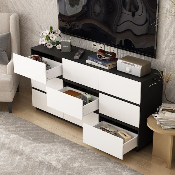 FUFU&GAGA Black and White 9-Drawers 63 in. Width Wooden Bedroom Storage Dresser, Chest of Drawers, Storage Cabinet