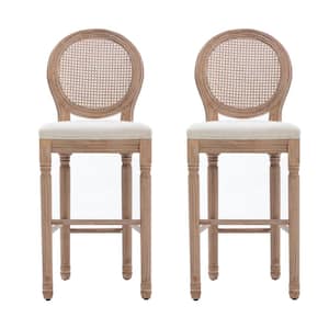 French Style 46.5 in. Natural Rattan High Back Solid Wooden Frame Bar Stool with Linen Fabric Seat (Set of 2)