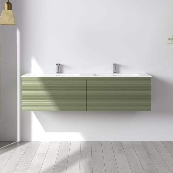 60 in. W x 18 in. D x 16 in. H Double Sink Wall Mounted Floating PVC Bath Vanity in Green with White Solid Surface Top