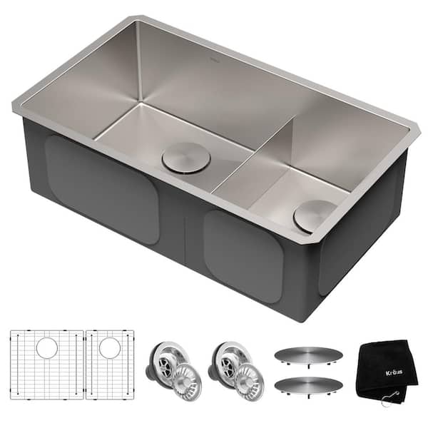 KRAUS Standart PRO 32 in. Undermount 60/40 Double Bowl 16 Gauge Satin Stainless Steel Kitchen Sink with Accessories