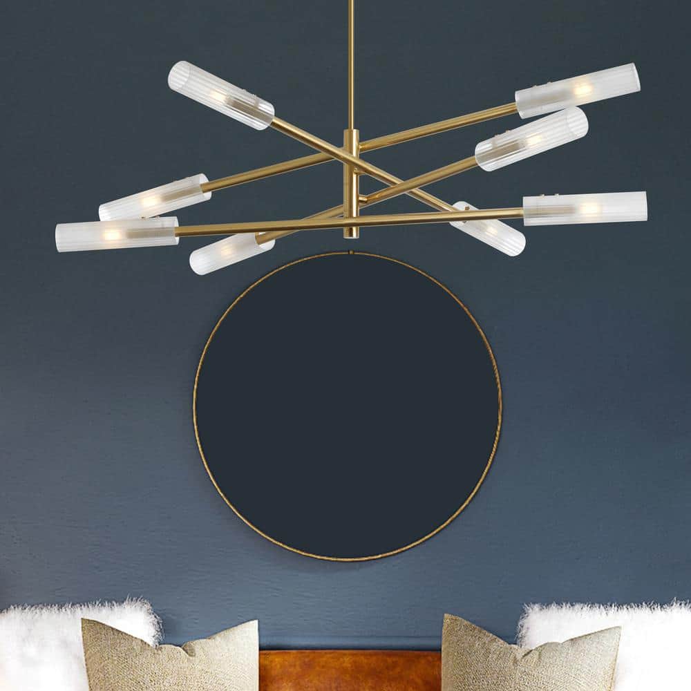 Aged Brass 8-Light Glass Wand Pendant Chandelier