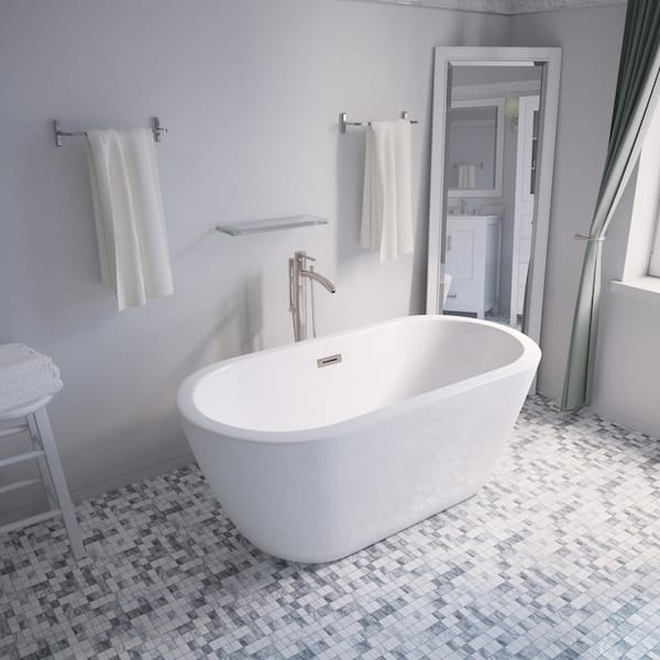 Soho 59.75 in. Acrylic Flatbottom Center Drain Soaking Tub in White with Floor Mounted Faucet in Brushed Nickel Soho 59.75 in. Acrylic Flatbottom Center Drain Soaking Tub in White with Floor Mounted Faucet in Brushed Nickel