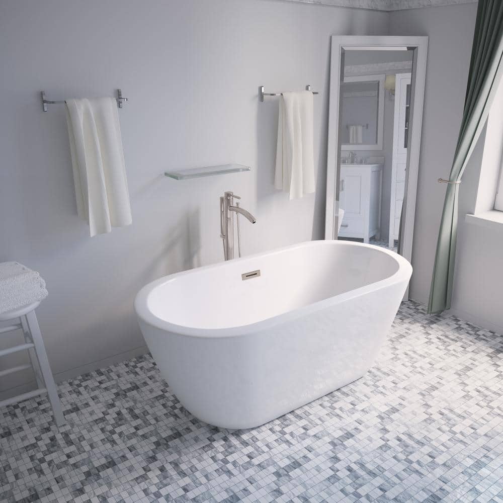 Soho 60 Inch White Acrylic Freestanding Bathtub with Brushed Nickel Trim