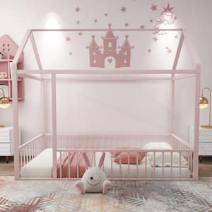 Pink Twin Size Metal House Bed Kids Bed with Fence