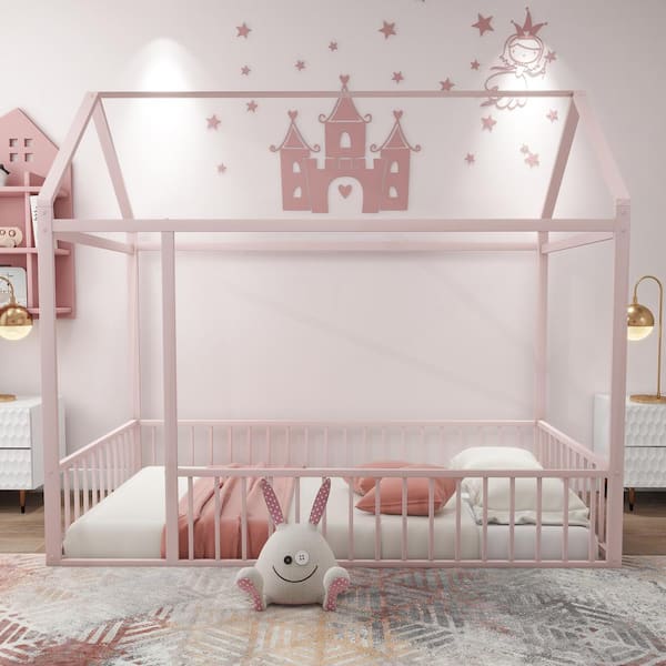 Harper & Bright Designs Pink Twin Size Metal House Bed Kids Bed with Fence