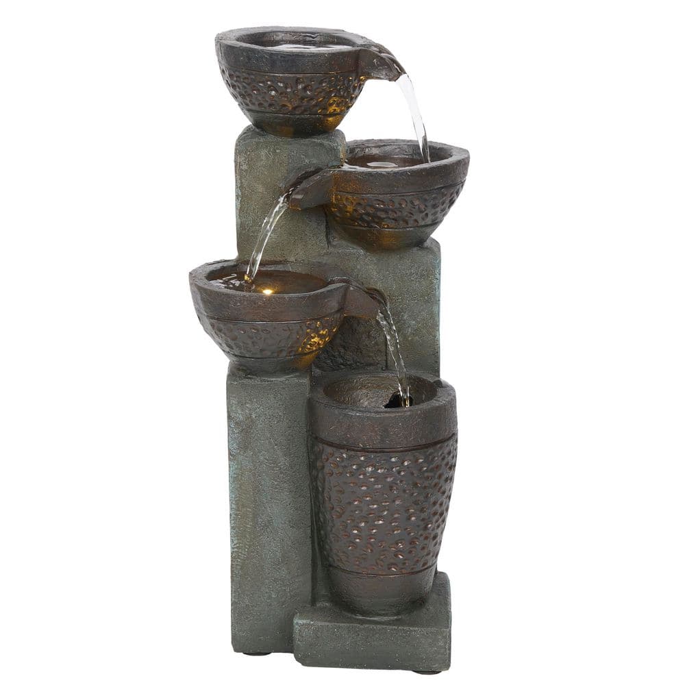 14 in. Tall Hammered Stone Jar Cascading Tabletop Water Fountain with LED Lights, Gray price history on PriceWatchPro