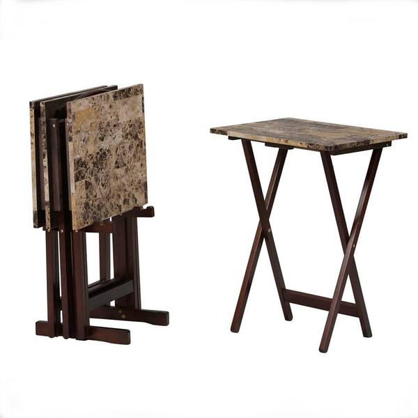 Linon Home Decor Tray Table Set Faux Marble Brown