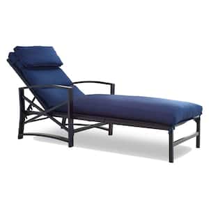 Adjustable Back Metal Outdoor Lounge Chair with Blue Cushions