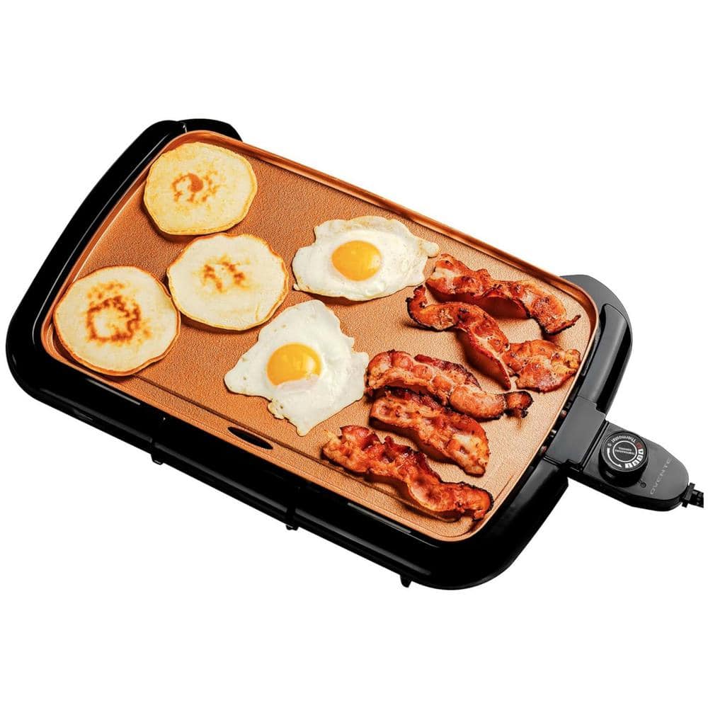 OVENTE Non-Stick Plate Electric Griddle, Temperature Probe and Control Knob, Indicator Light and Drip Tray