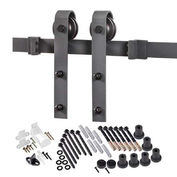 96 in. Premium Cadium Matt Black Bent Strap Barn Door Track and Hardware Kit for Single Door