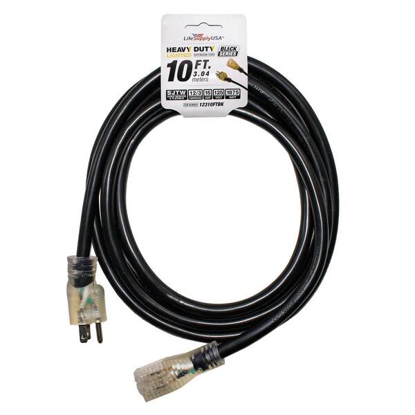 LifeSupplyUSA 10 ft. 12/3 SJTW 15 Amp 125-Volt 1875-Watt Lighted End Indoor/Outdoor Black Heavy-Duty Extension Cord (50-Pack)