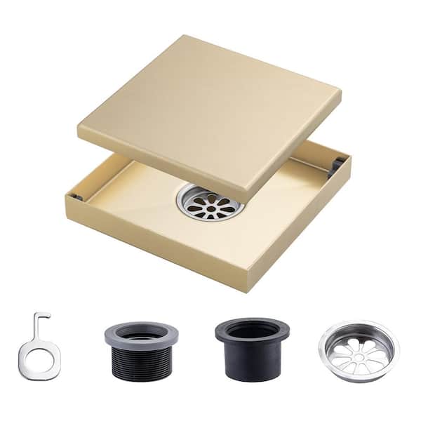 RAINLEX 6 in. x 6 in. Stainless Steel Square Shower Drain with Square Drain Cover in Brushed Gold