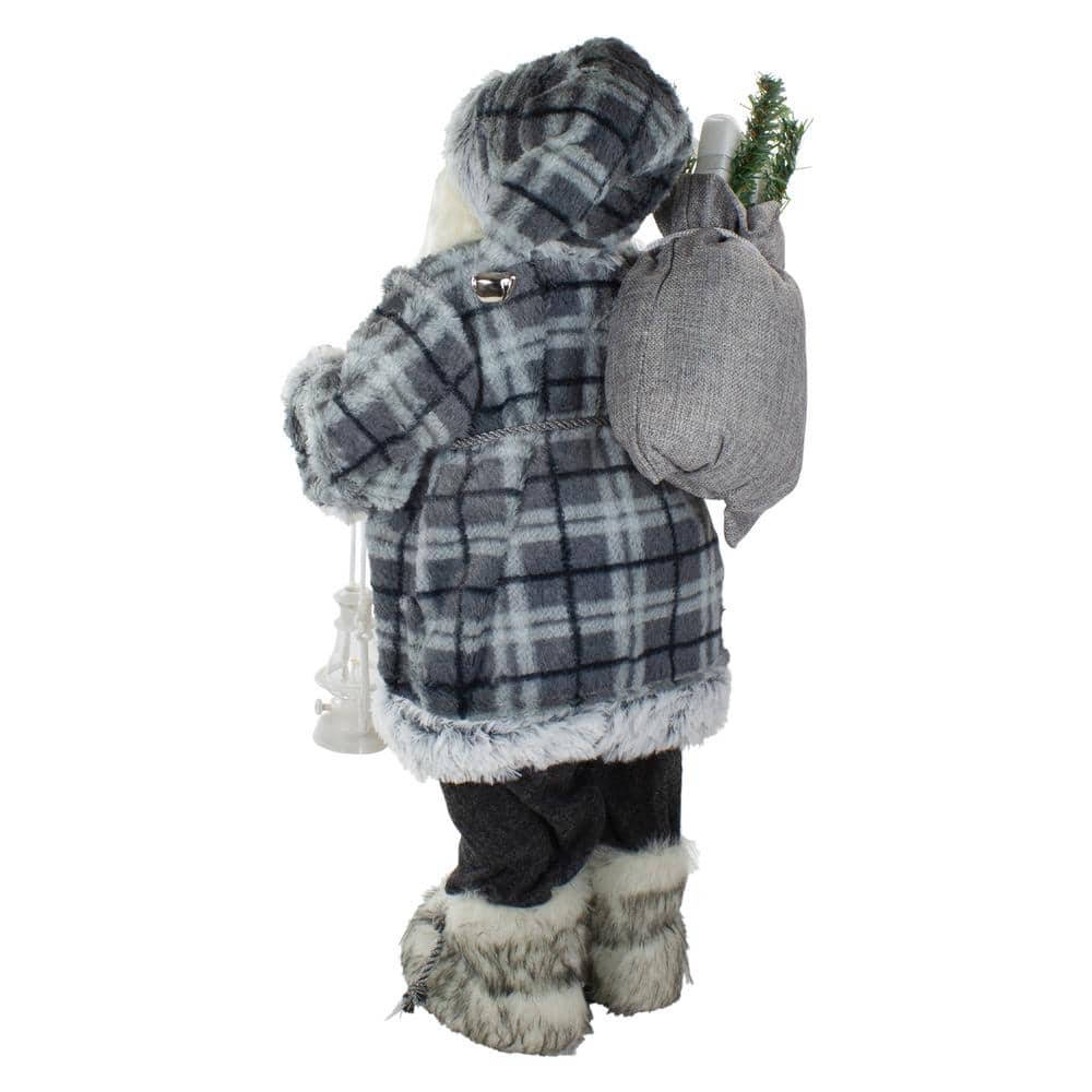 24" Gray Plaid Santa Figurine with Lantern and Faux Fur