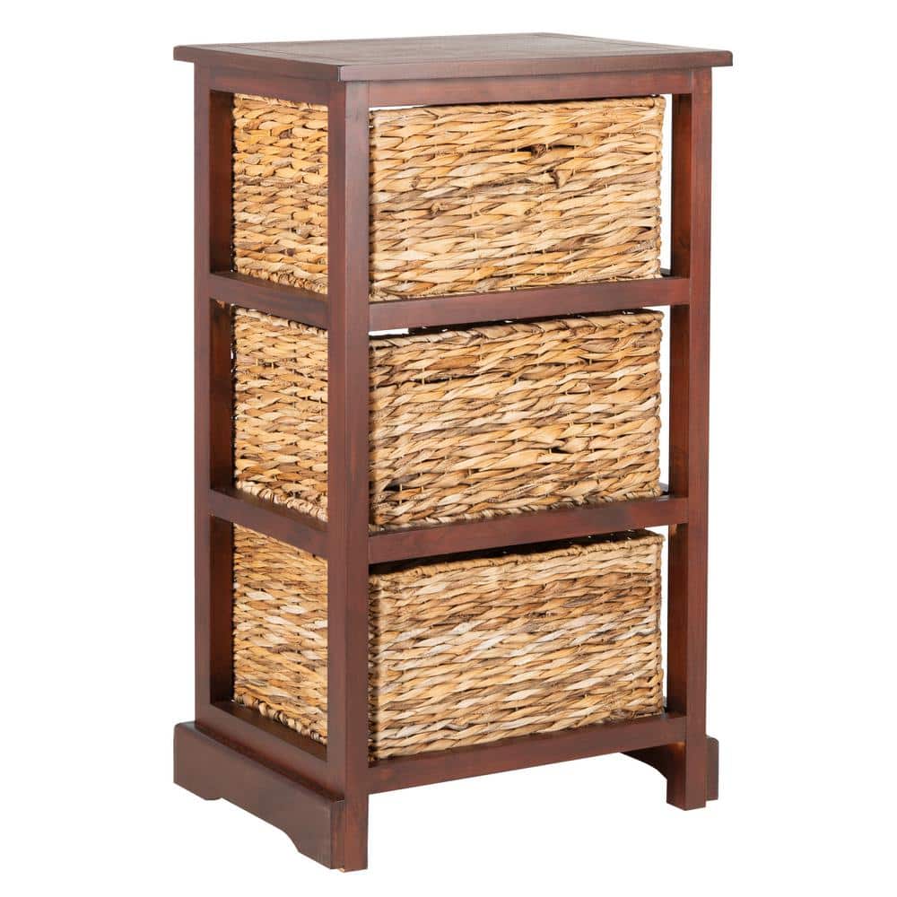 Transitional Brown Pine Wood Side Table with 3 Rattan Drawers