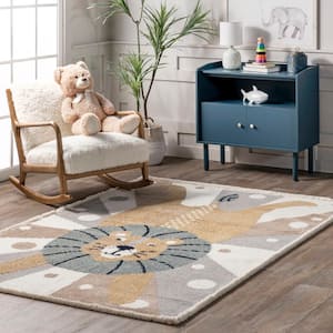 Brodie Cheerful Lion Kids Light Gray 3 ft. x 5 ft. Area Rug