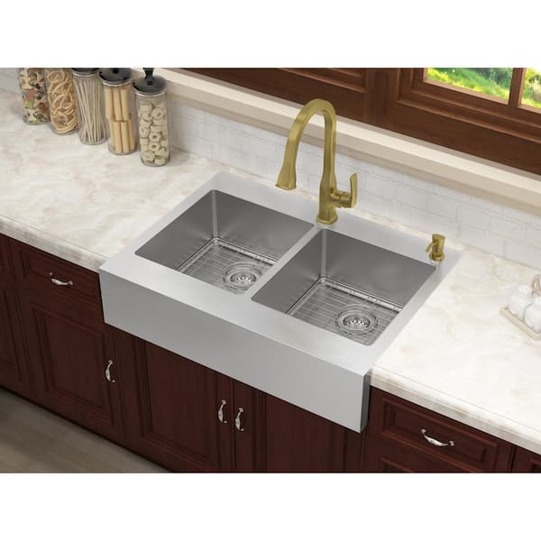 Retrofit Drop-In/Undermount Stainless Steel 33 in. 2-Hole 50/50 Double Bowl Flat Farmhouse Apron Front Kitchen Sink