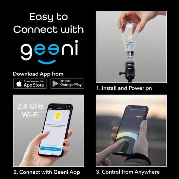 Geeni 60-Watt Equivalent E26 ST21 (ST64) Edison WiFi LED Smart Bulb, 2700K-6500K No Hub Required (2-Pack)
