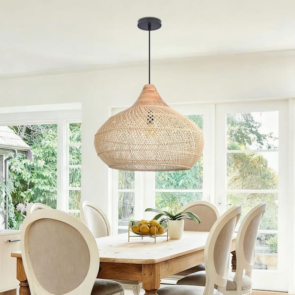 ARTURESTHOME 60-Watt 1-Light Beige Woven Rattan Pear-Shaped