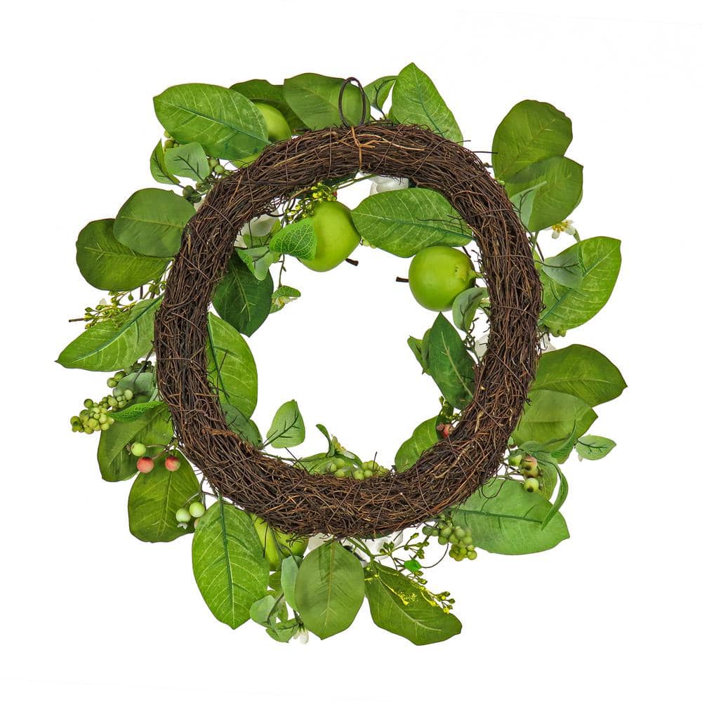 24" Green and White Artificial Rose and Apple Spring Wreath