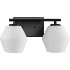 Copeland Collection 15 in. 2-Light Matte Black Vanity Light with Etched Opal Glass Shades