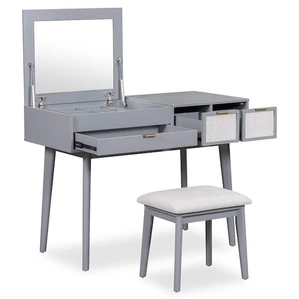 Polibi Classic Gray 3 Drawers 43.3 in. Wide Makeup Vanity Set Dresser with Flip-top Mirror and Stool