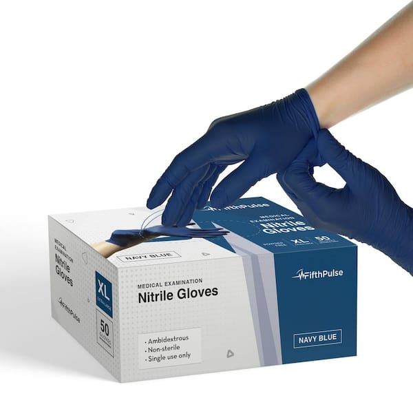 FifthPulse Extra Large Nitrile Exam Latex Free and Powder Free Gloves in Navy Blue - Box of 50