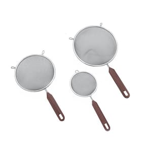 4 in. 5.5 in.7 in. S/S Strainer Set with Wood Grind Design Set of 3