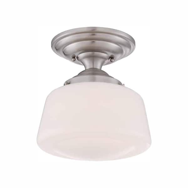 Hampton Bay 10.5 in. Brushed Nickel 120-Watt Equivalent 2700K CCT Integrated LED Semi Flush Mount with Opal Glass Shade