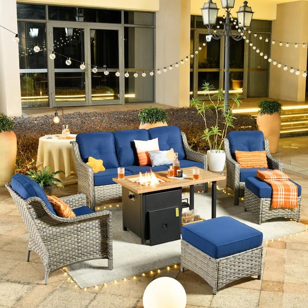 Toject Eureka Grey 6-Piece Wicker Outdoor Patio Conversation Sofa Seating Set with a Storage Fire Pit and Navy Blue Cushions
