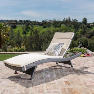 Miller Grey Armless Faux Rattan Outdoor Chaise Lounge with Beige Cushion
