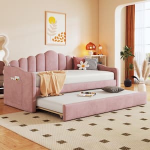 Pink Twin Size Upholstered Daybed with Trundle, USB Charging Ports and Side Pockets