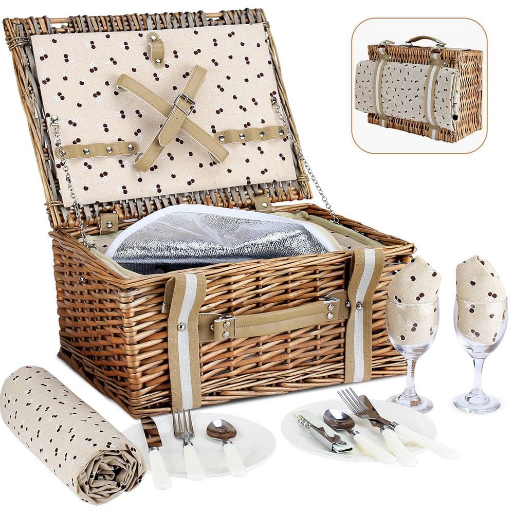 Wudkey Beige Flower Wicker Picnic Basket with Cutlery Service Kits ...