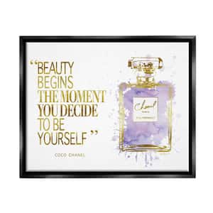 Beauty Begins Designer Quote Perfume Bottle by Amanda Greenwood Floater Frame Typography Wall Art Print 21 in. x 17 in.