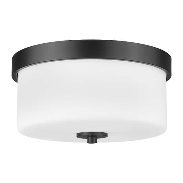 JAZAVA 11 in. 2-Light Black Flush Mount Ceiling Light Fixture with Milk Glass Shades for Hallway