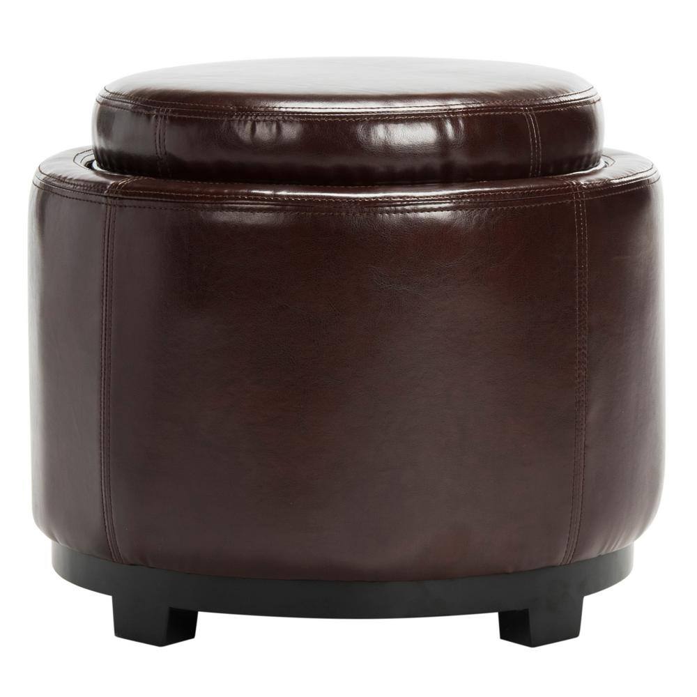 Transitional Cordovan Round Ottoman with Storage Tray
