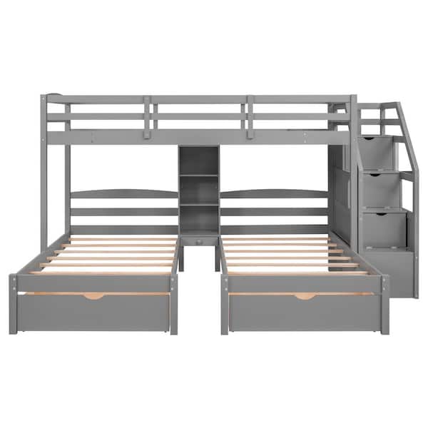 Qualler Gray Twin over Twin & Twin Bunk Bed with Drawers, Staircase and Shelves